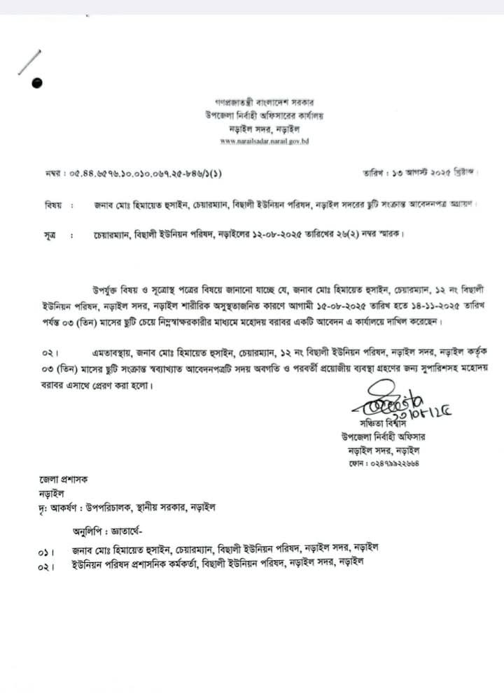 নড়াইলে বিছালী ইউনিয়নে ৩ মাসের জন্য চেয়ারম্যানের দায়ীত্ব পালন করবেন ১ নং প্যানেল চেয়ারম্যান মোঃ মাজহারুল ইসলাম
